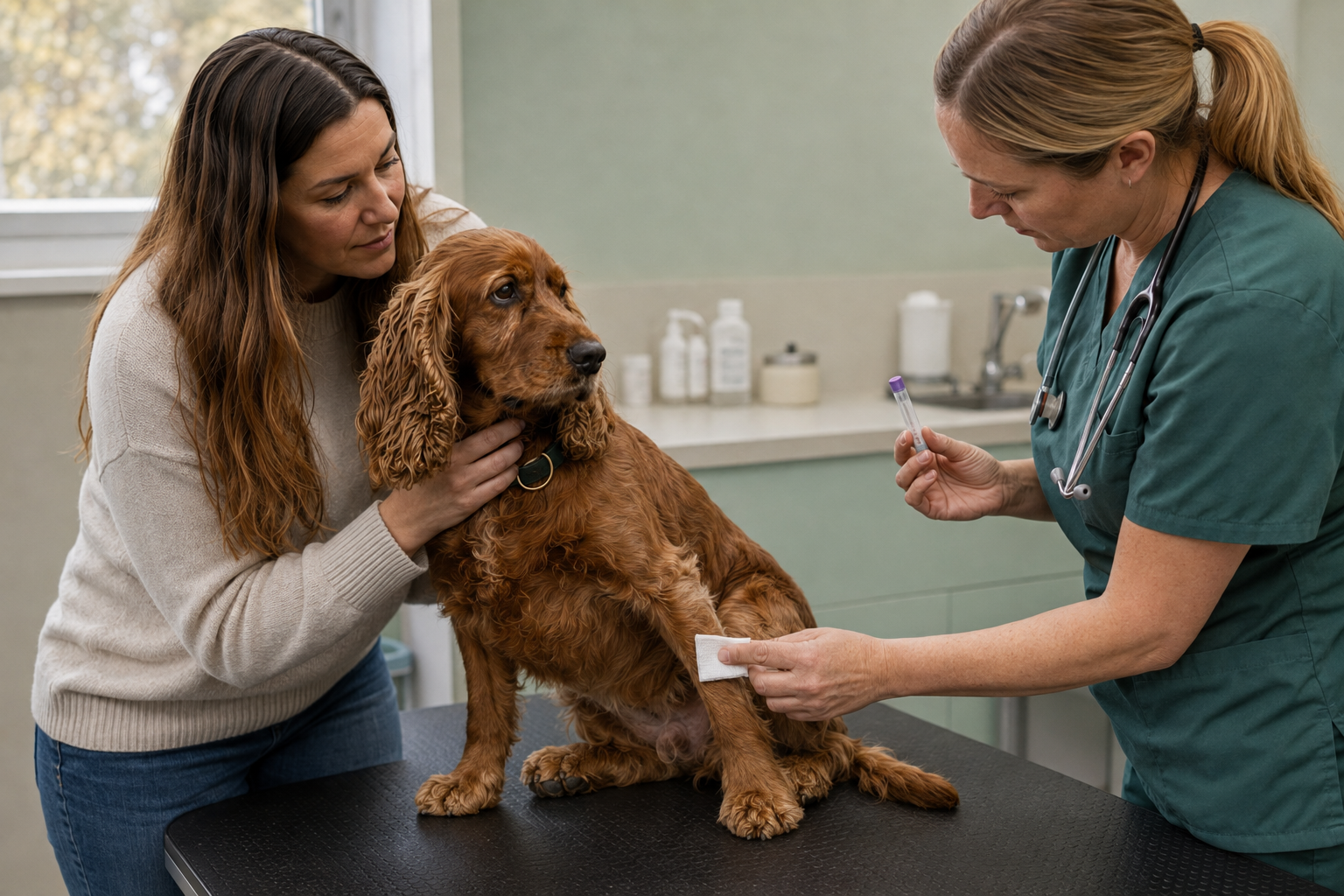 Veterinář odebírá psovi krev pro vyšetření hormonů štítné žlázy